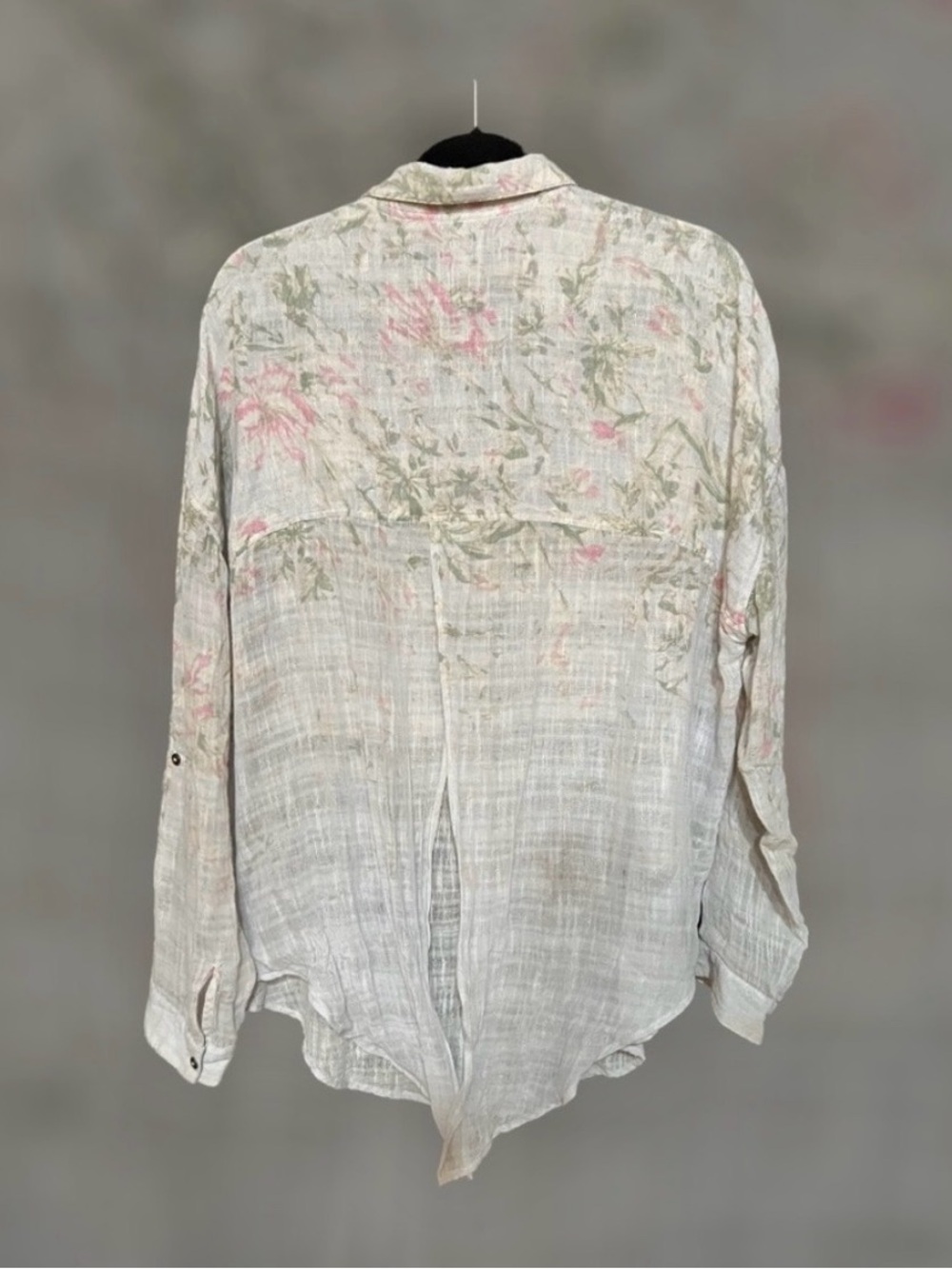 Free People Cream Linen-Blend Button Down with Pink & Green Floral - Picture 2 of 2
